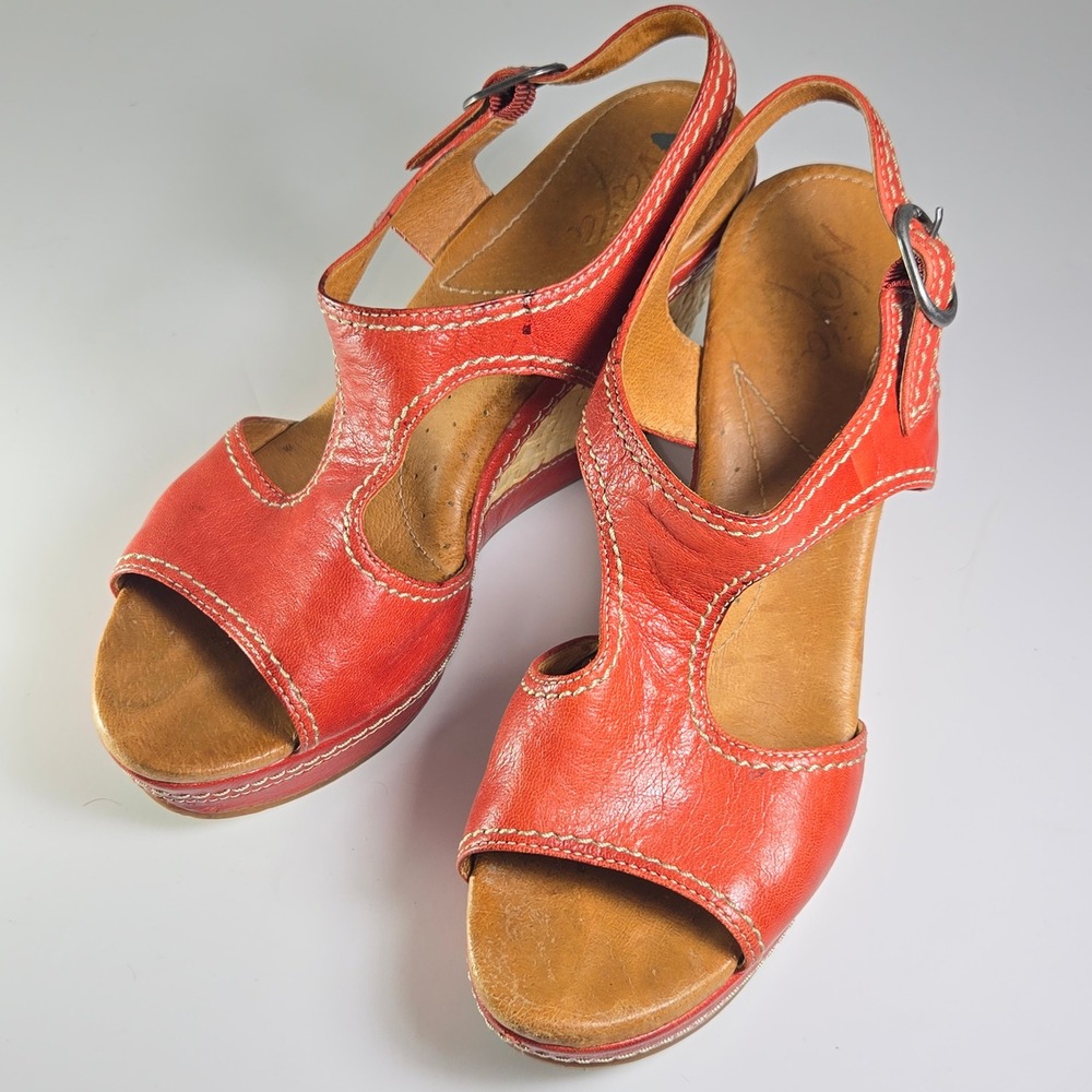Naya Red Leather Wedge Sandals Open Toe Ankle‎ Strap Espadrille Size 8M